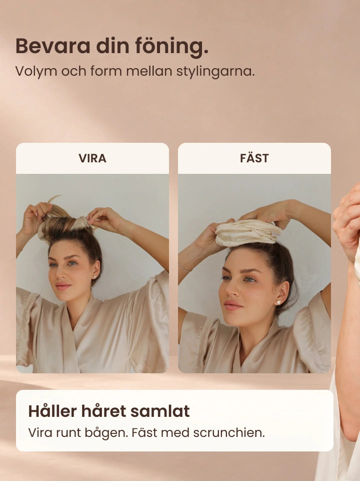 Bevara din föning. Vira håret runt bågen och fäst med scrunchien.