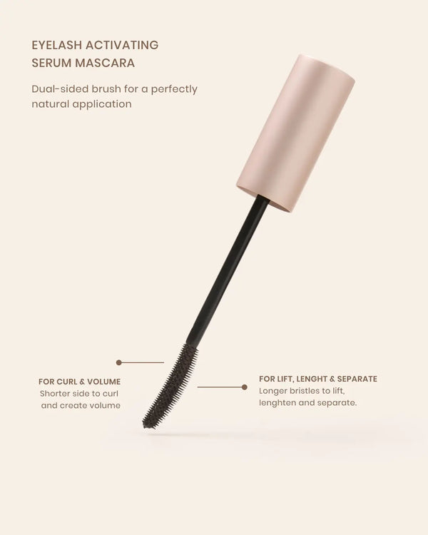 Lenoites Eyelash Activating Serum Mascara Brown with dual-sided brush for curl, lift, length, and volume.