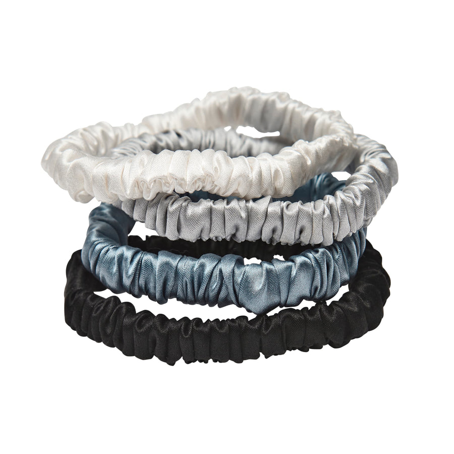 Smala scrunchies i mullbärssiden, vit, ljusgrå, blå, svart 